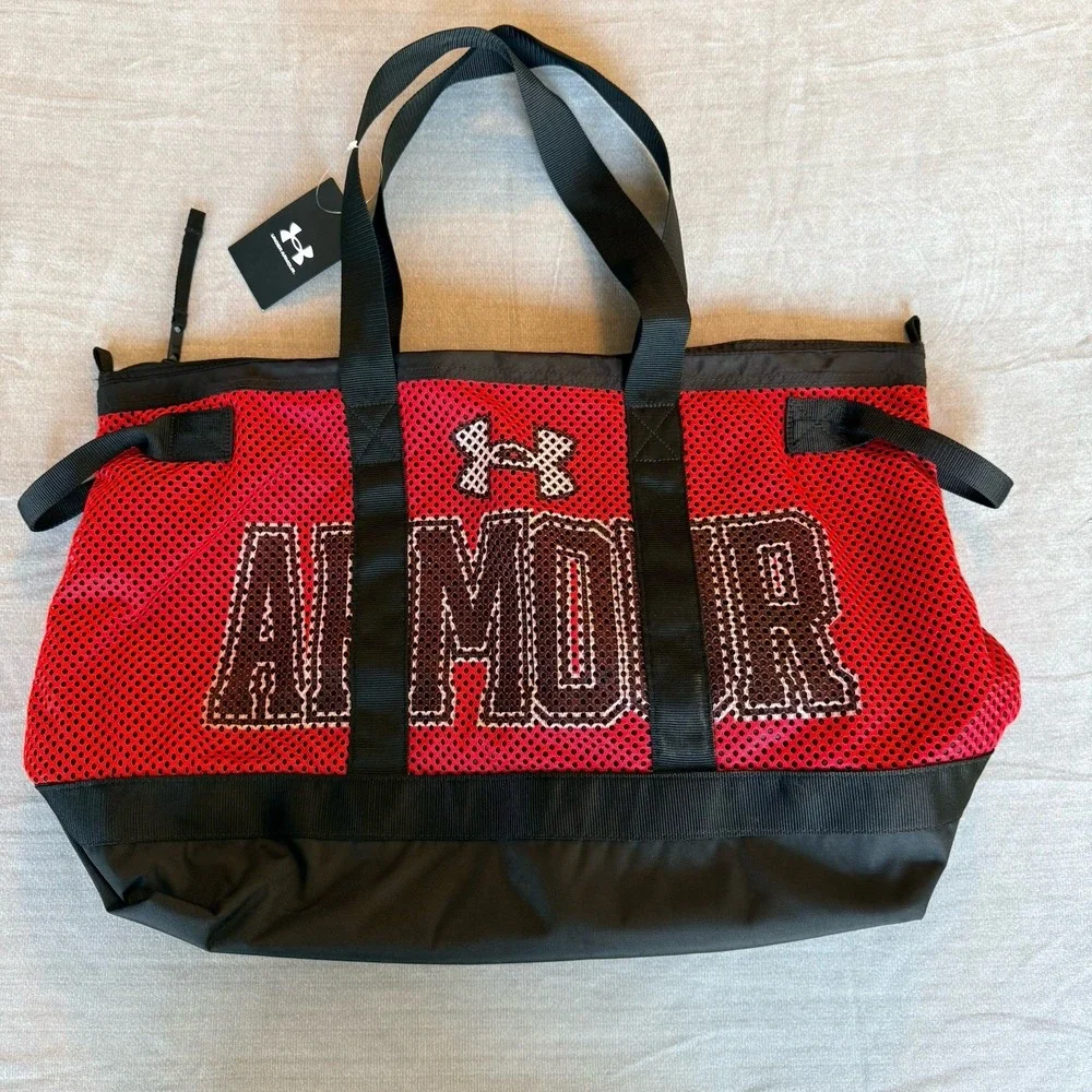 Under Armour UA Undeniable Mesh Duffle Gym Bag Red Black Large Tote NEW